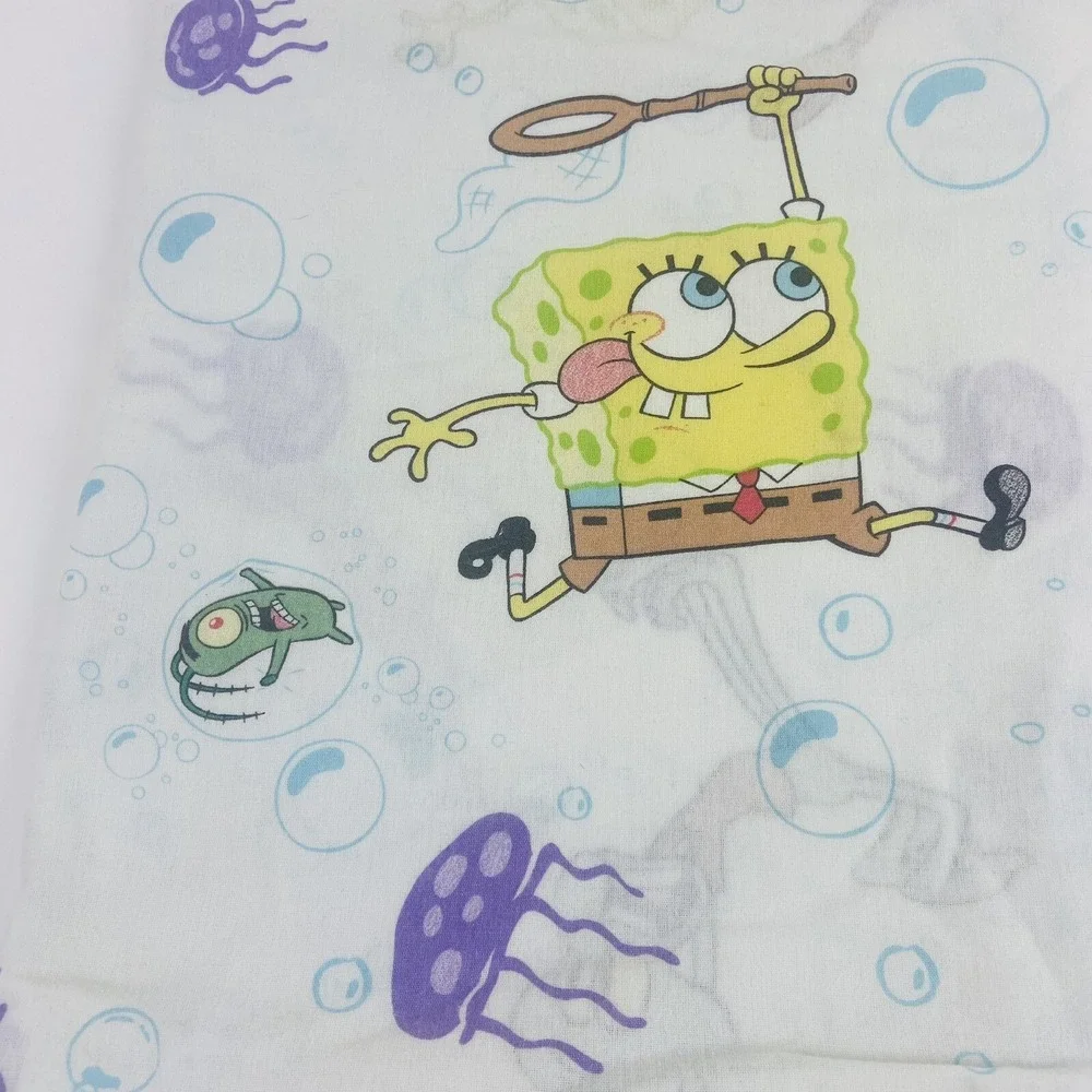 Vintage SpongeBob SquarePants White Twin Flat Sheet Jelly Fishing Nickelodeon
